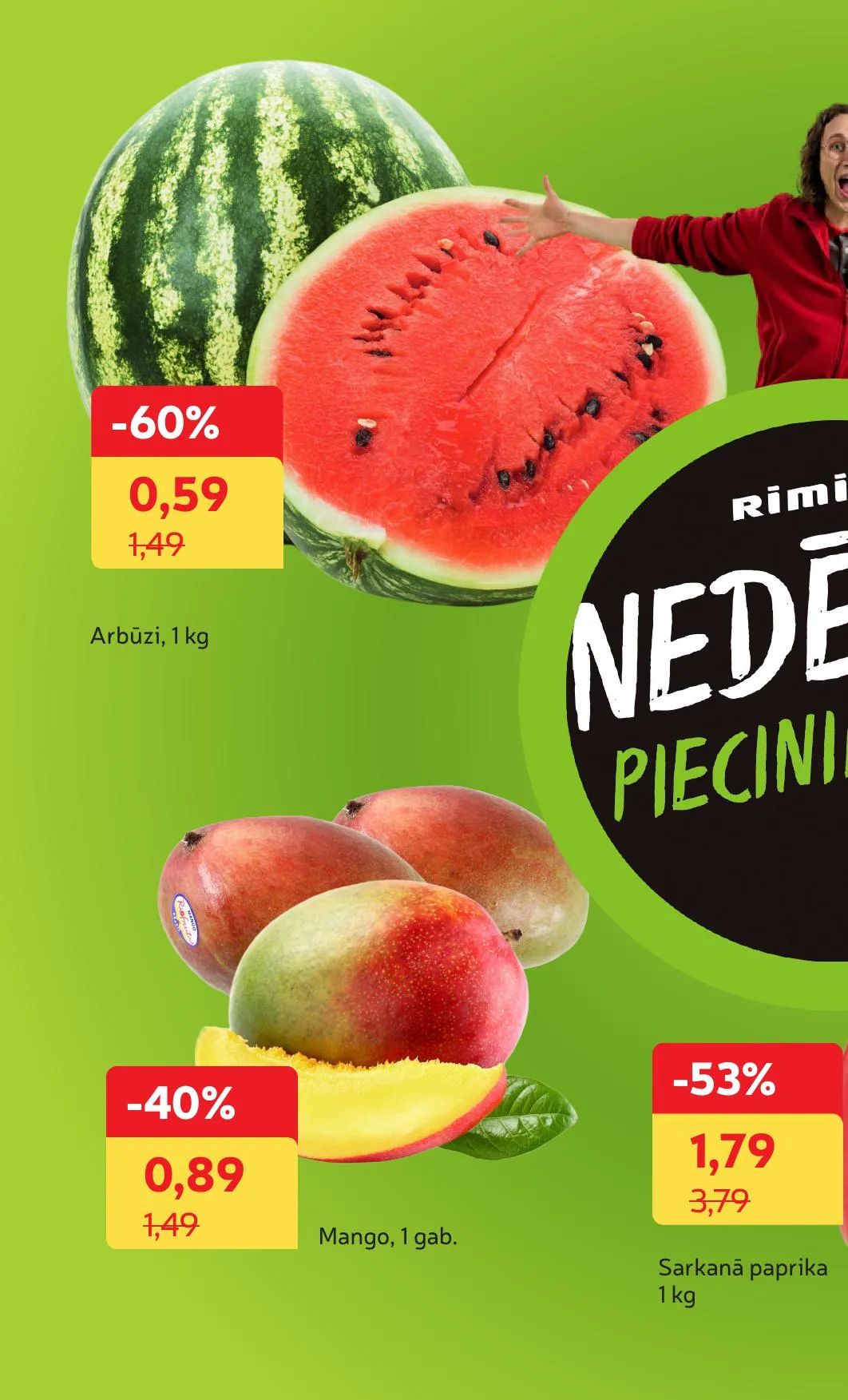 Jaunākais Rimi akciju buklets, kurā redzamas pašreizējās atlaides un īpašie piedāvājumi.
