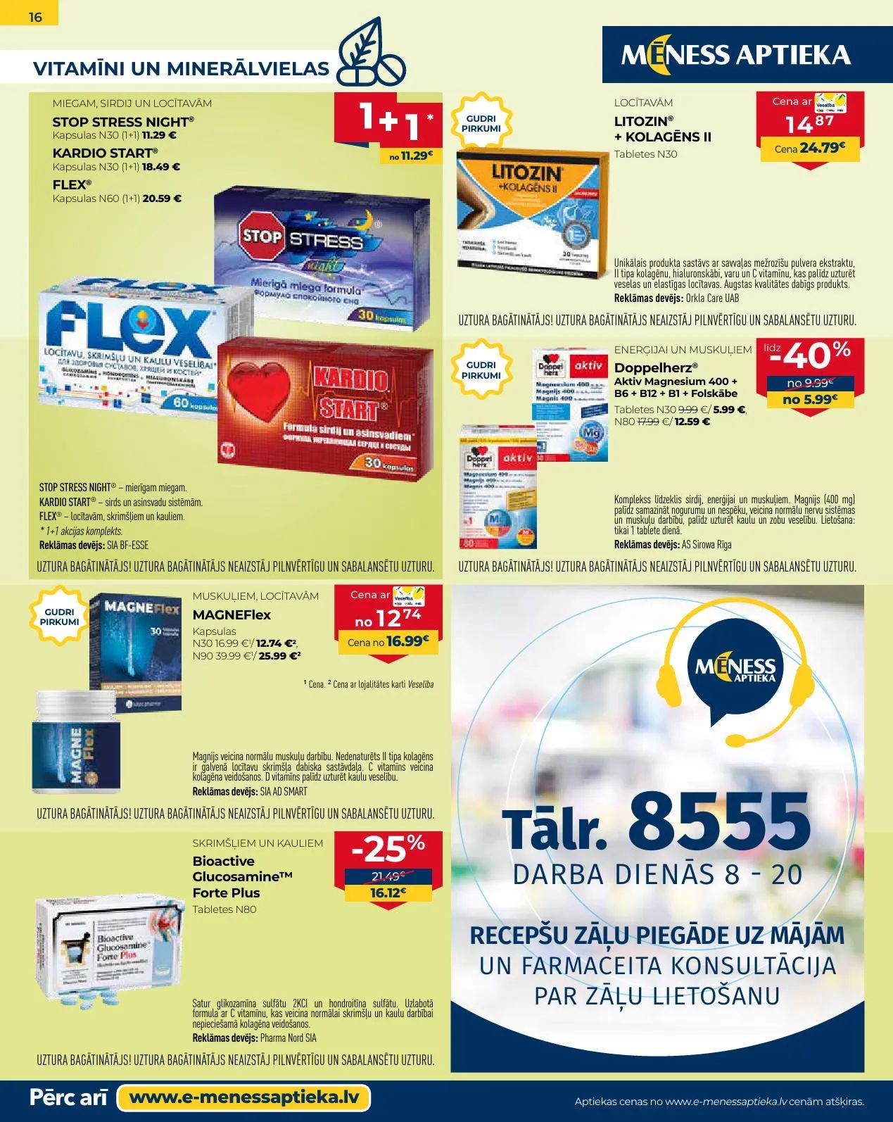 Jaunākais Mēness Aptieka akciju buklets, kurā redzamas pašreizējās atlaides un īpašie piedāvājumi veselības produktiem.
