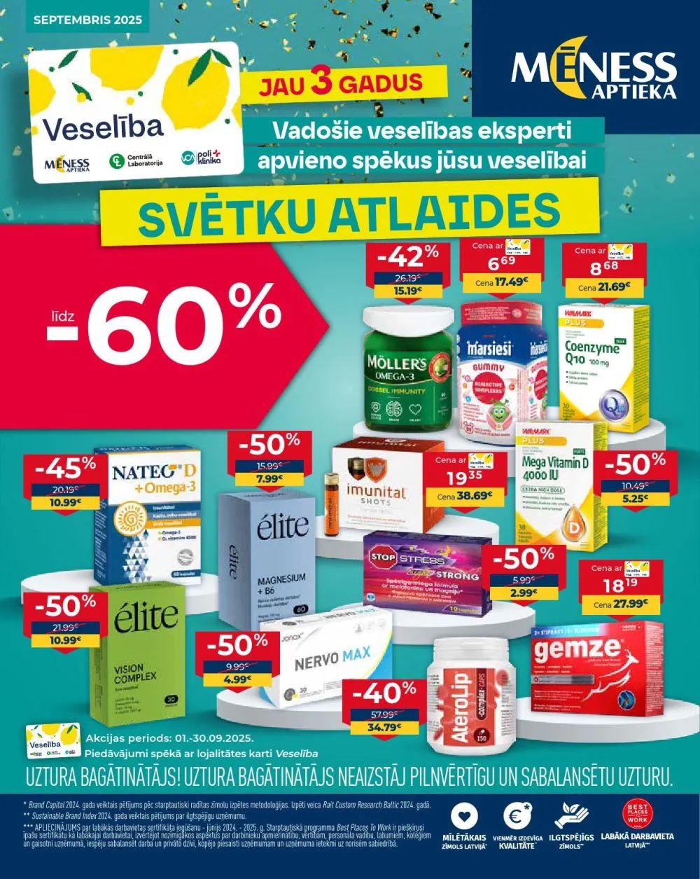 Jaunākais Mēness Aptieka akciju buklets, kurā redzamas pašreizējās atlaides un īpašie piedāvājumi veselības produktiem.