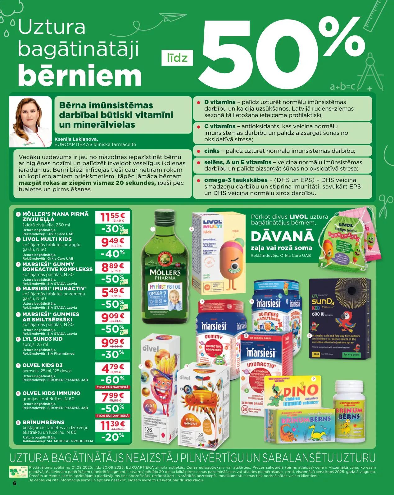 Jaunākais Euroaptieka akciju buklets, kurā redzamas pašreizējās atlaides un īpašie piedāvājumi farmācijas produktiem.