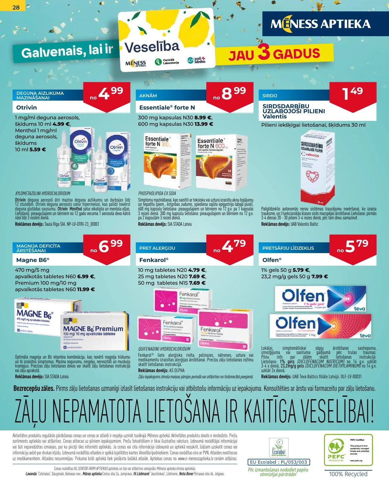 Jaunākais Mēness Aptieka akciju buklets, kurā redzamas pašreizējās atlaides un īpašie piedāvājumi veselības produktiem.