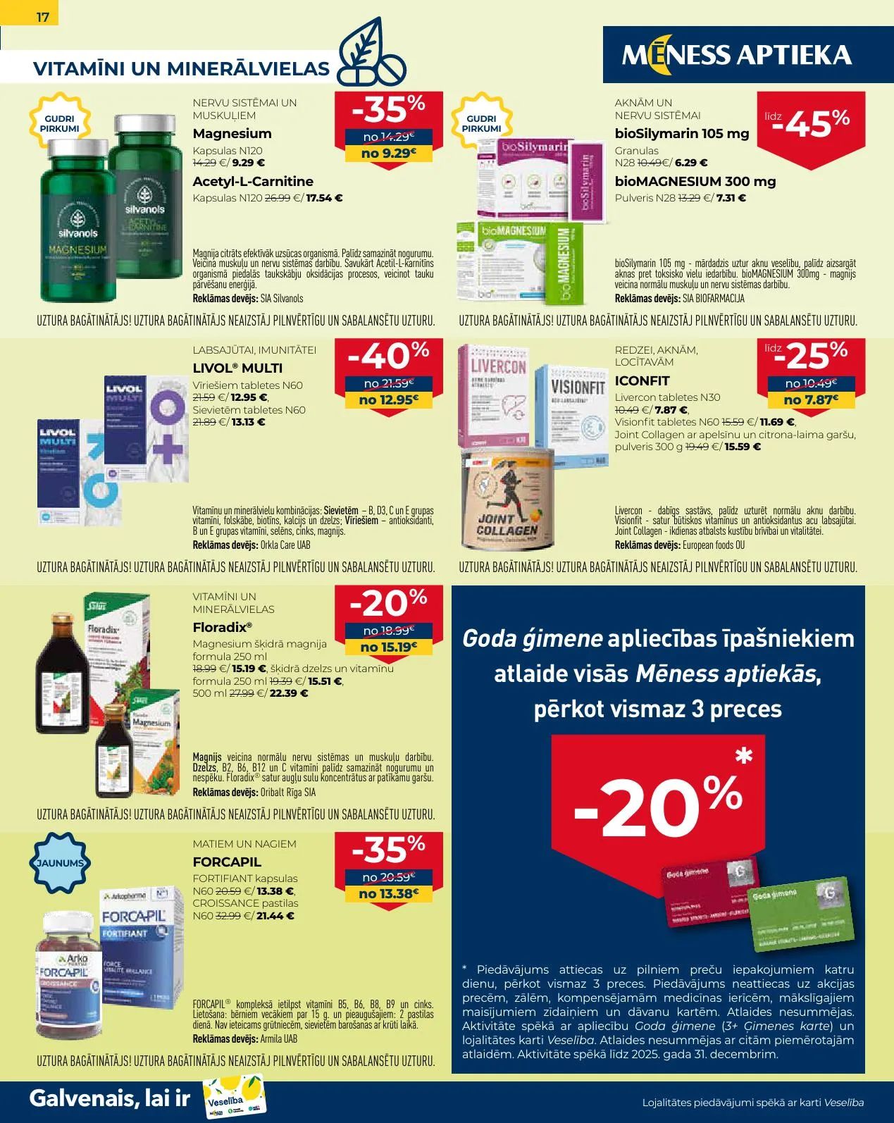 Jaunākais Mēness Aptieka akciju buklets, kurā redzamas pašreizējās atlaides un īpašie piedāvājumi veselības produktiem.