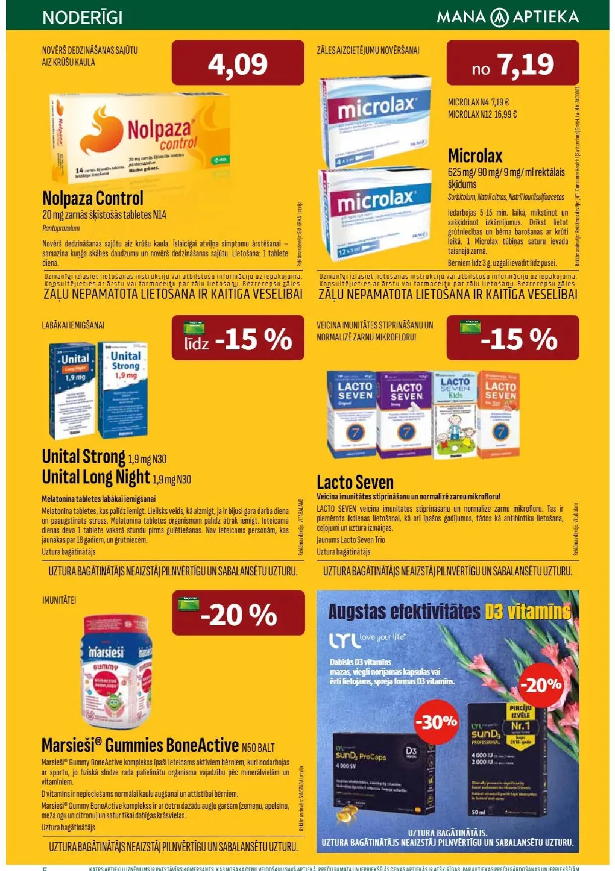 Jaunākais Mana Aptieka akciju buklets, kurā redzamas pašreizējās atlaides un īpašie piedāvājumi veselības un skaistuma produktiem.