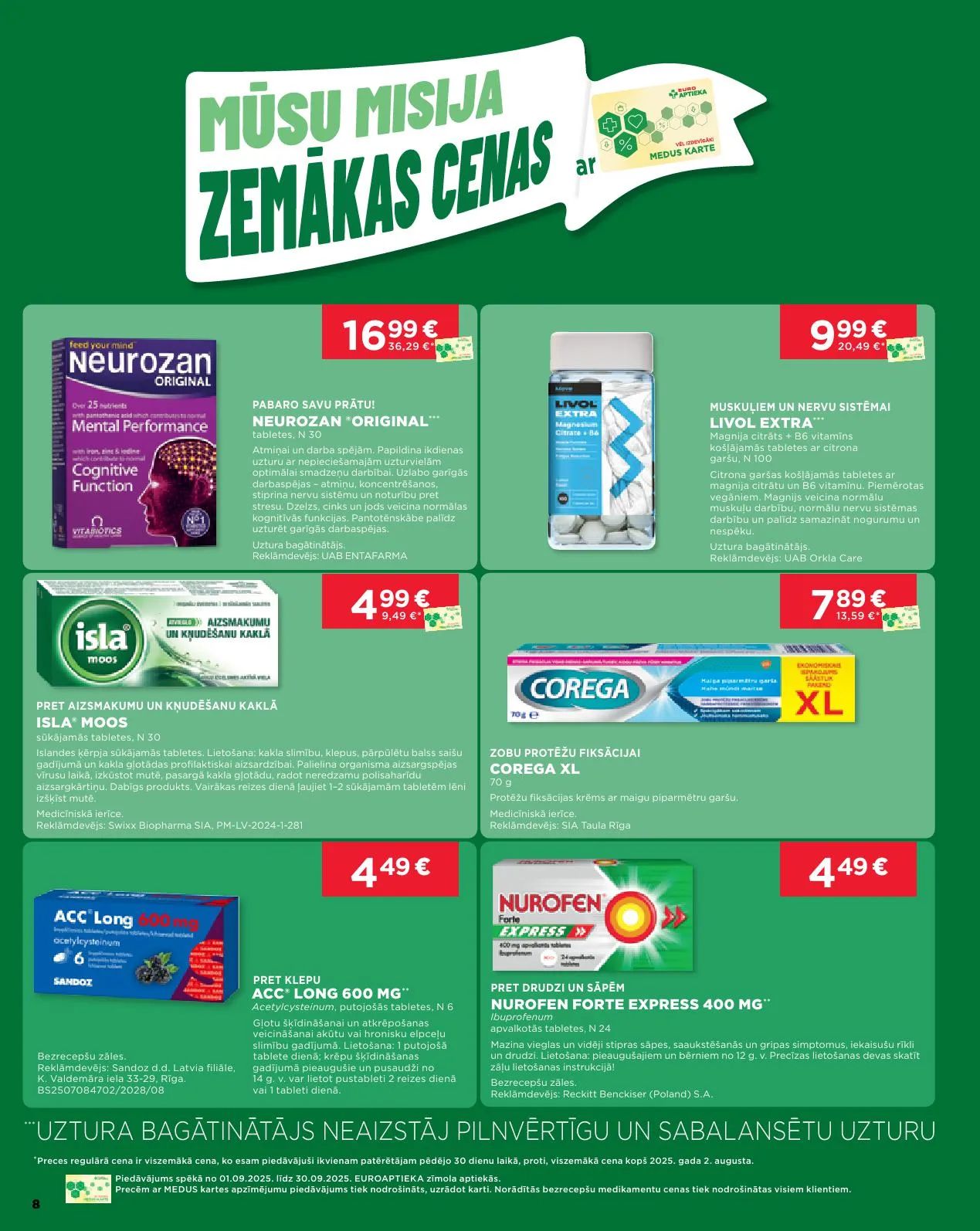 Jaunākais Euroaptieka akciju buklets, kurā redzamas pašreizējās atlaides un īpašie piedāvājumi farmācijas produktiem.