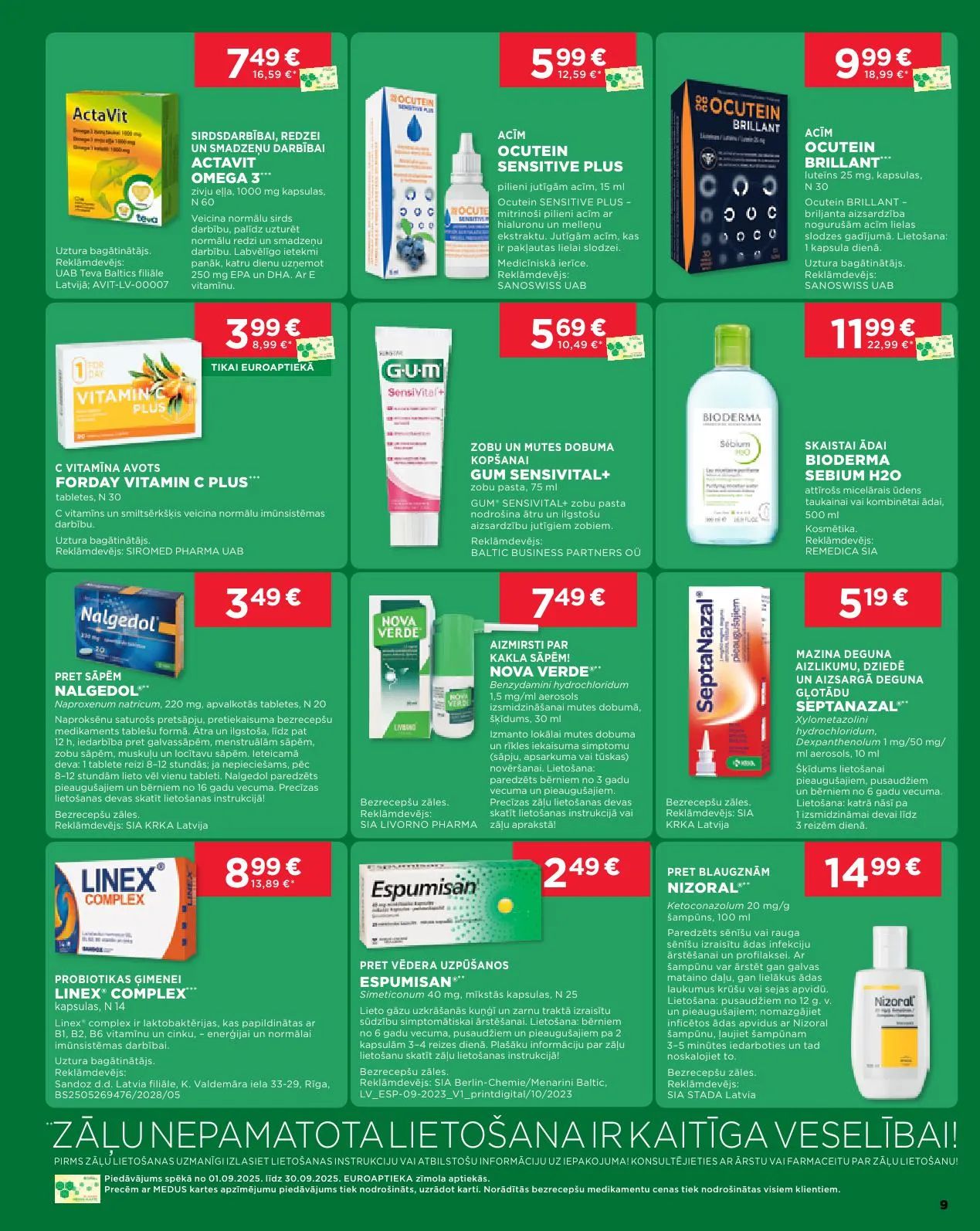 Jaunākais Euroaptieka akciju buklets, kurā redzamas pašreizējās atlaides un īpašie piedāvājumi farmācijas produktiem.