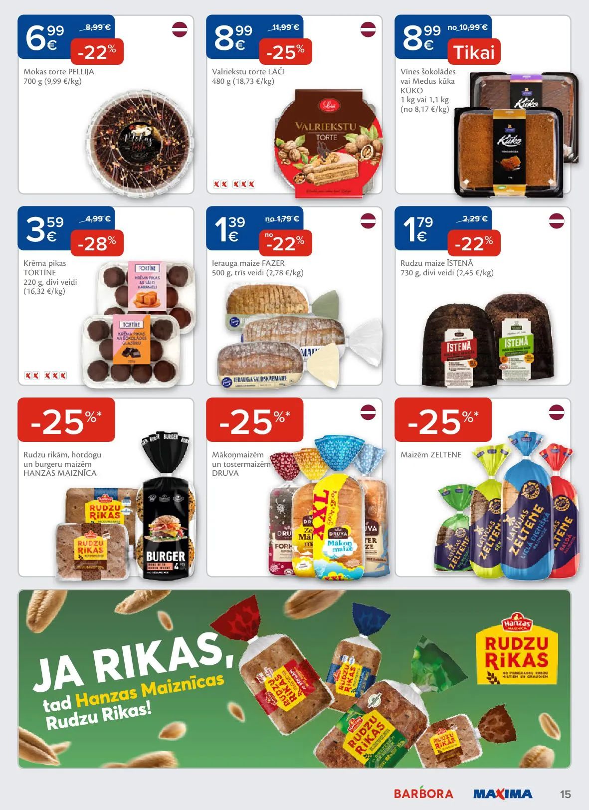 Jaunākais Maxima akciju buklets, kurā redzamas pašreizējās atlaides un īpašie piedāvājumi pārtikai un mājsaimniecības precēm.