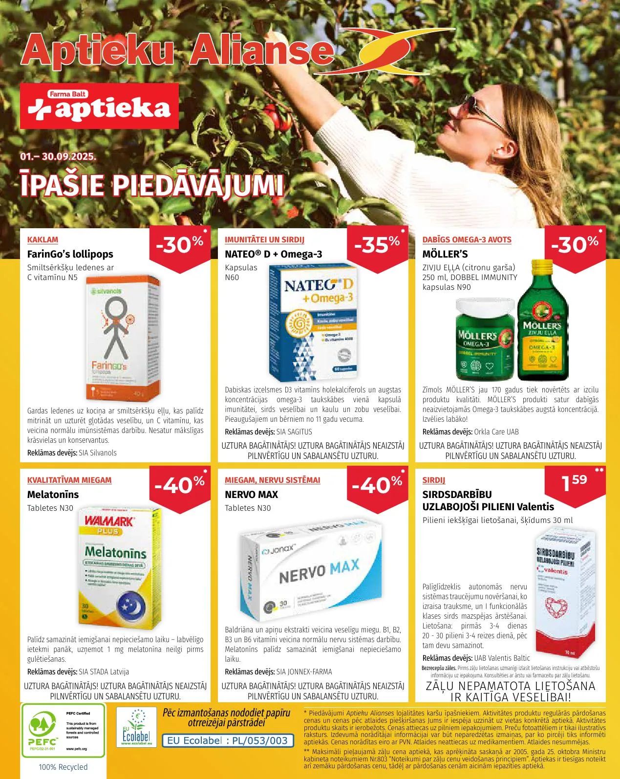 Jaunākais Aptieku Alianse akciju buklets, kurā redzamas pašreizējās atlaides un īpašie piedāvājumi farmācijas un veselības produktiem.