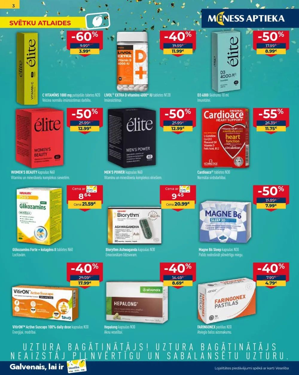 Jaunākais Mēness Aptieka akciju buklets, kurā redzamas pašreizējās atlaides un īpašie piedāvājumi veselības produktiem.