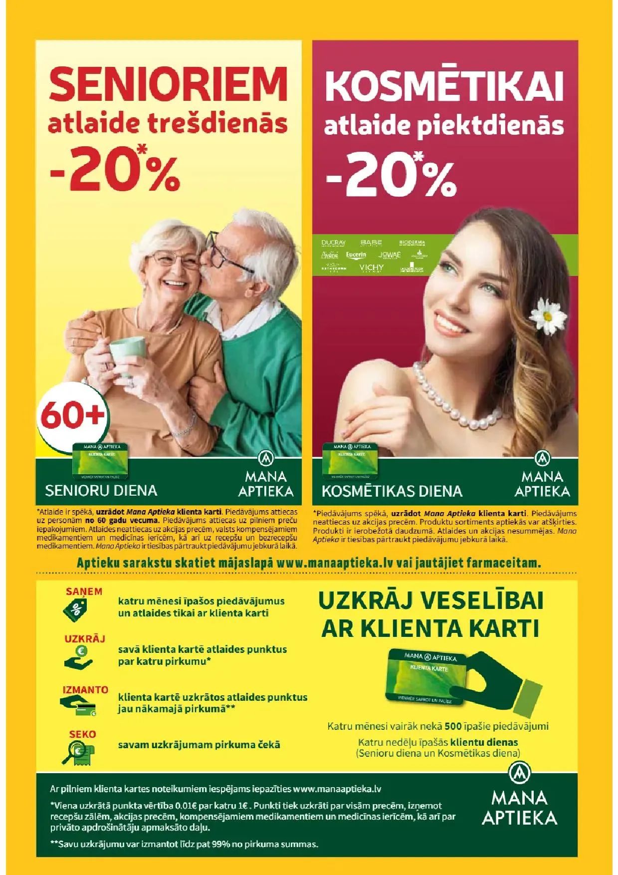 Jaunākais Mana Aptieka akciju buklets, kurā redzamas pašreizējās atlaides un īpašie piedāvājumi veselības un skaistuma produktiem.