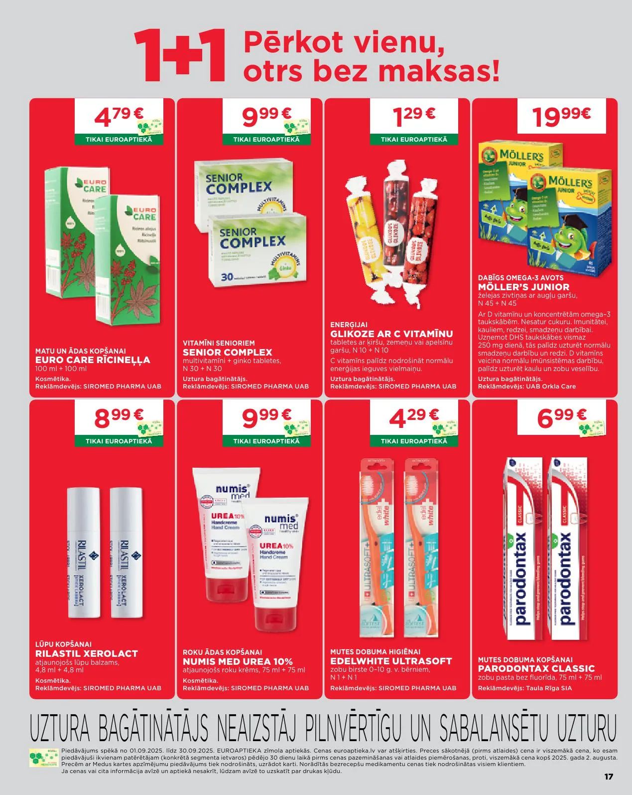 Jaunākais Euroaptieka akciju buklets, kurā redzamas pašreizējās atlaides un īpašie piedāvājumi farmācijas produktiem.
