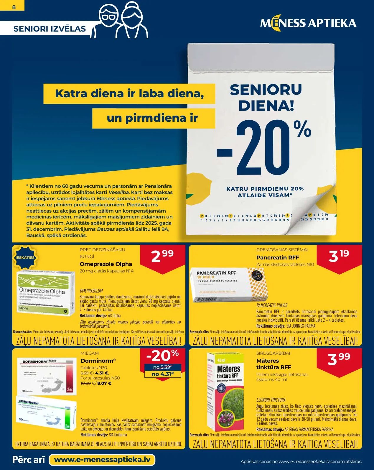 Jaunākais Mēness Aptieka akciju buklets, kurā redzamas pašreizējās atlaides un īpašie piedāvājumi veselības produktiem.