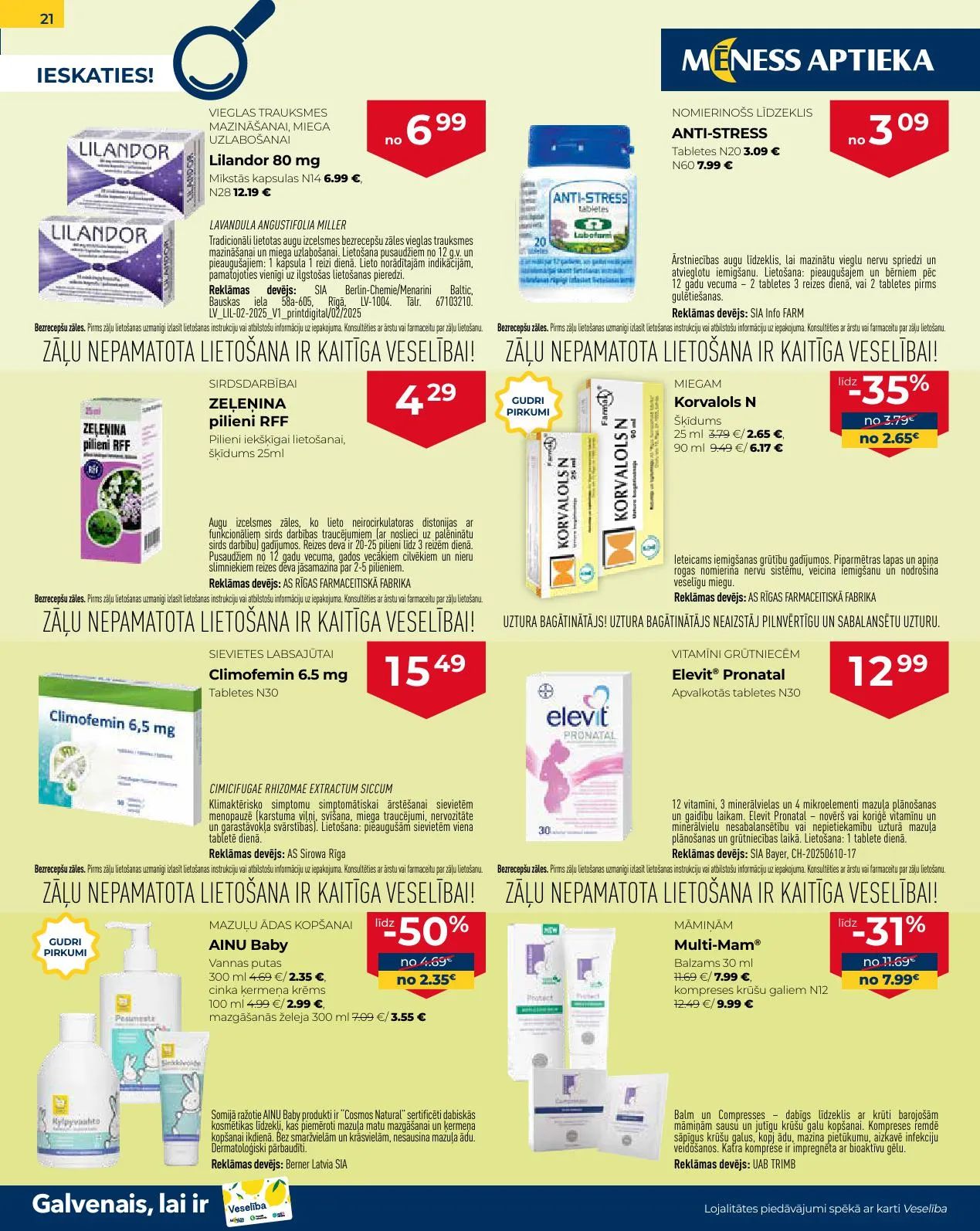 Jaunākais Mēness Aptieka akciju buklets, kurā redzamas pašreizējās atlaides un īpašie piedāvājumi veselības produktiem.