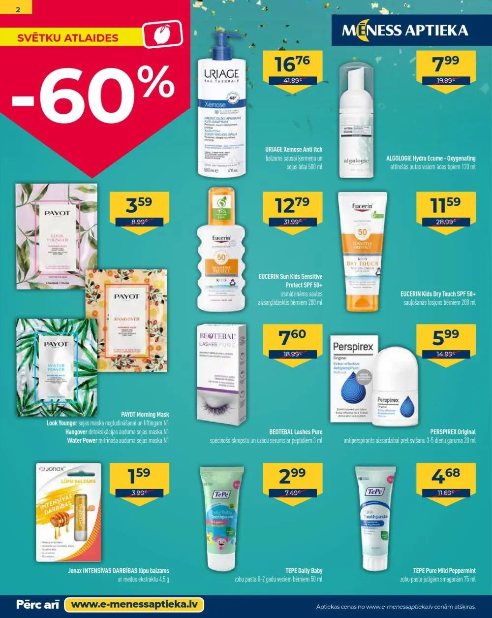 Jaunākais Mēness Aptieka akciju buklets, kurā redzamas pašreizējās atlaides un īpašie piedāvājumi veselības produktiem.