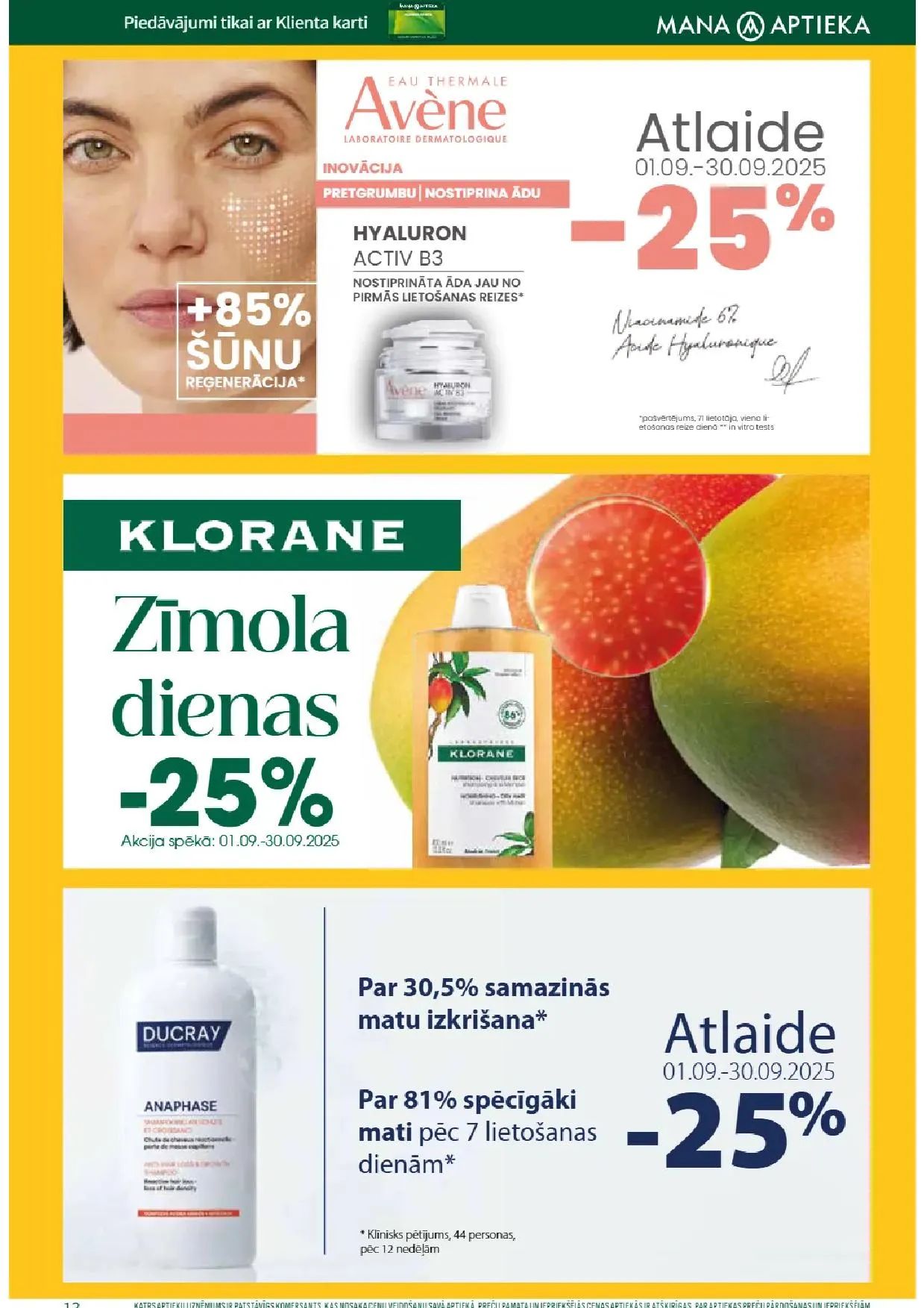 Jaunākais Mana Aptieka akciju buklets, kurā redzamas pašreizējās atlaides un īpašie piedāvājumi veselības un skaistuma produktiem.