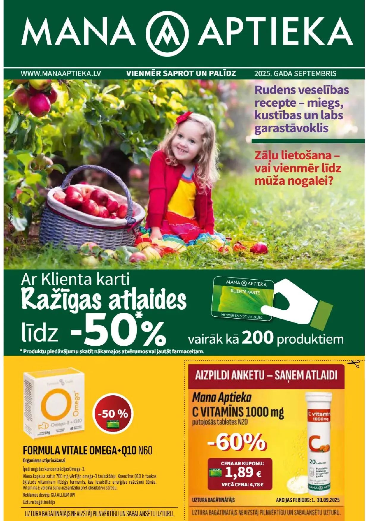 Jaunākais Mana Aptieka akciju buklets, kurā redzamas pašreizējās atlaides un īpašie piedāvājumi veselības un skaistuma produktiem.